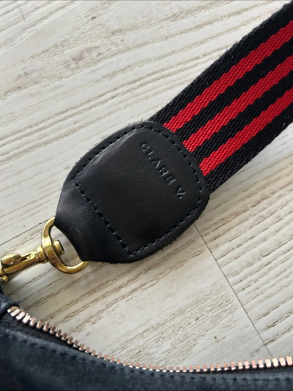 Clare V Black Suede Crossbody Bag with Red-Striped Strap
